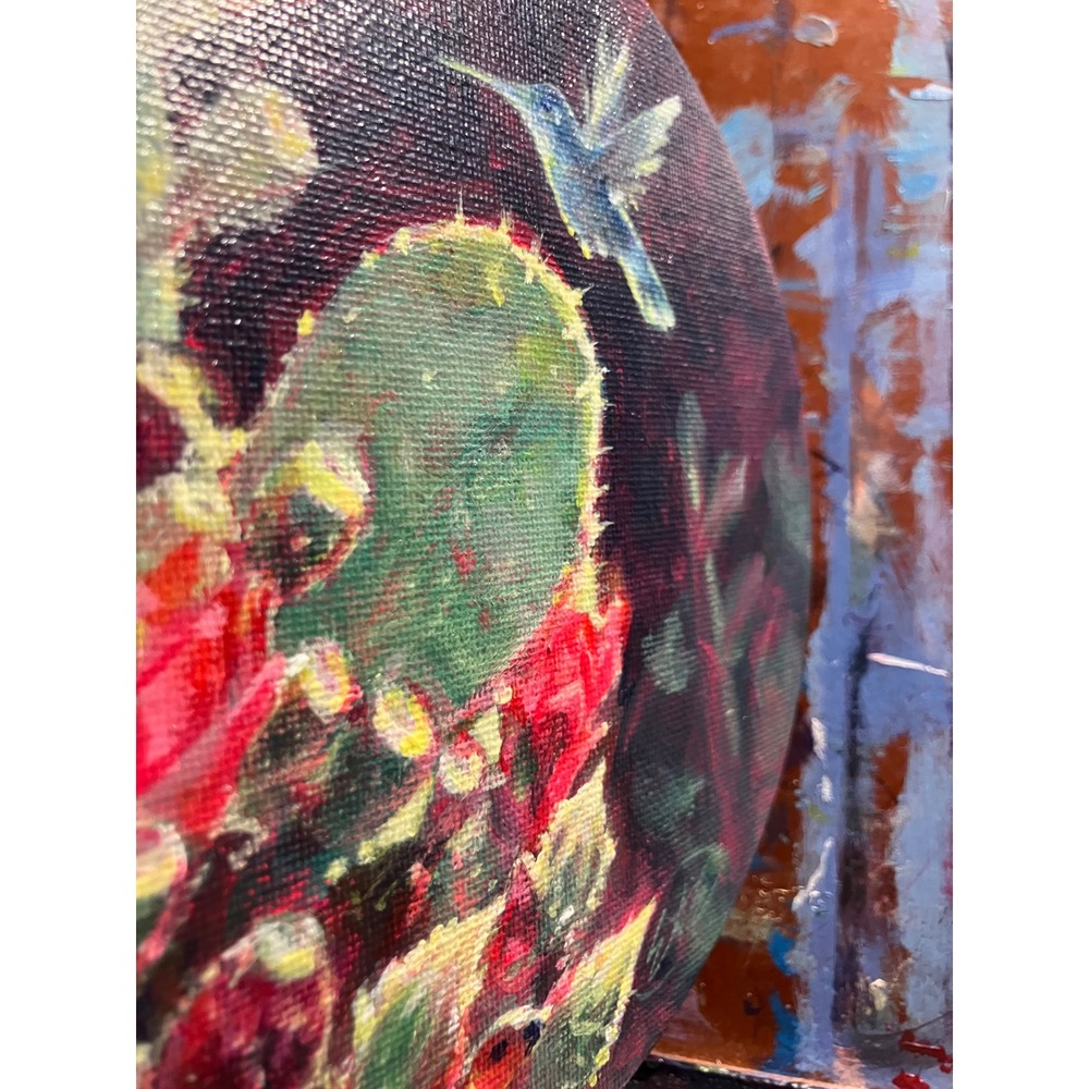 Original Hummingbird & Cactus painting Art Round desert blooming prickly pear - Picture 5 of 8